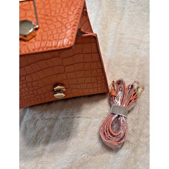 Badgley Mischka Orange Frame Bag Purse Gold Hardware Croc Vegan Leather NWT - Picture 6 of 12